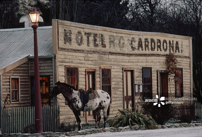 滑雪小屋外的马图片素材