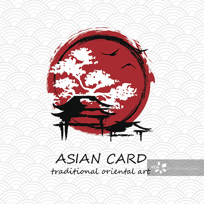 村庄、树木、飞鸟和红日图片素材