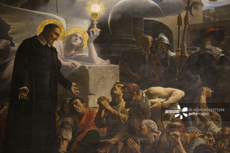 让·勒孔特·杜·努伊在巴黎三一教堂的画作（1879年）：圣文森特·德·保罗带领奴隶重拾信仰图片素材