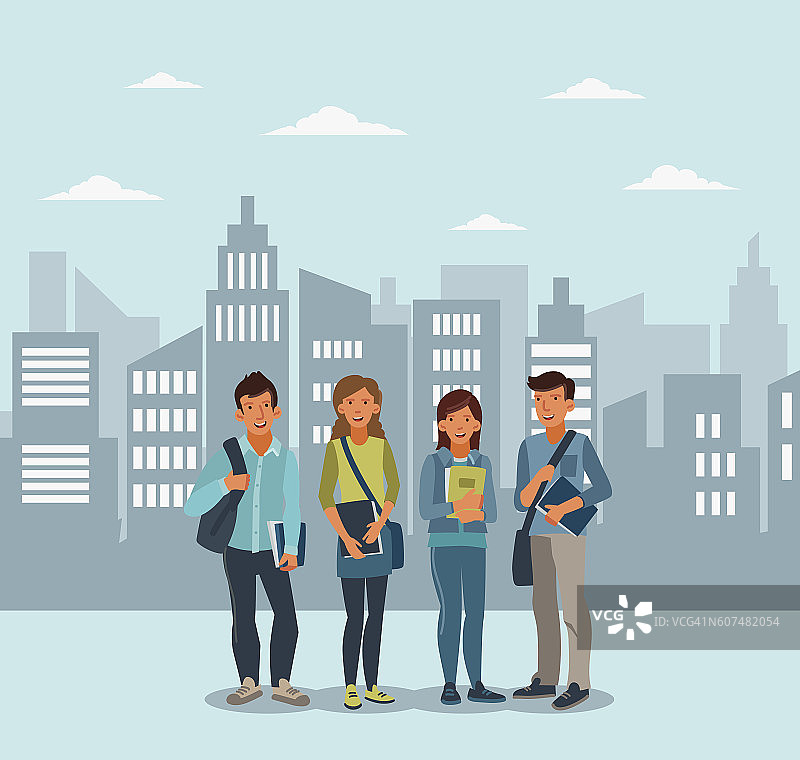 快乐微笑的学生团体站在一起拿着笔记本图片素材