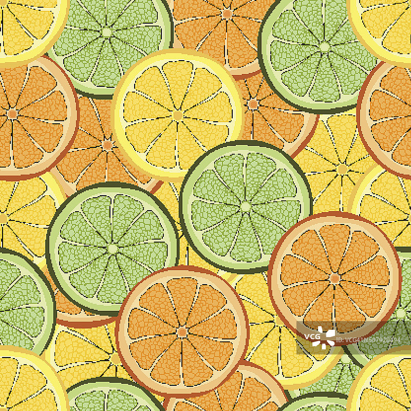 切割的橙子、酸橙和柠檬切片无缝图案图片素材