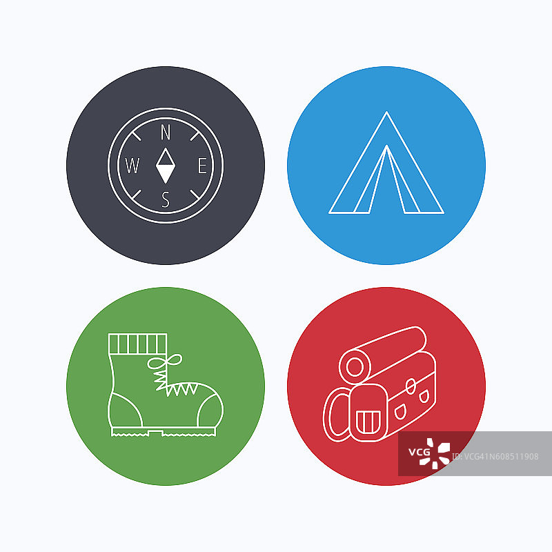 指南针、露营帐篷和登山靴图标图片素材