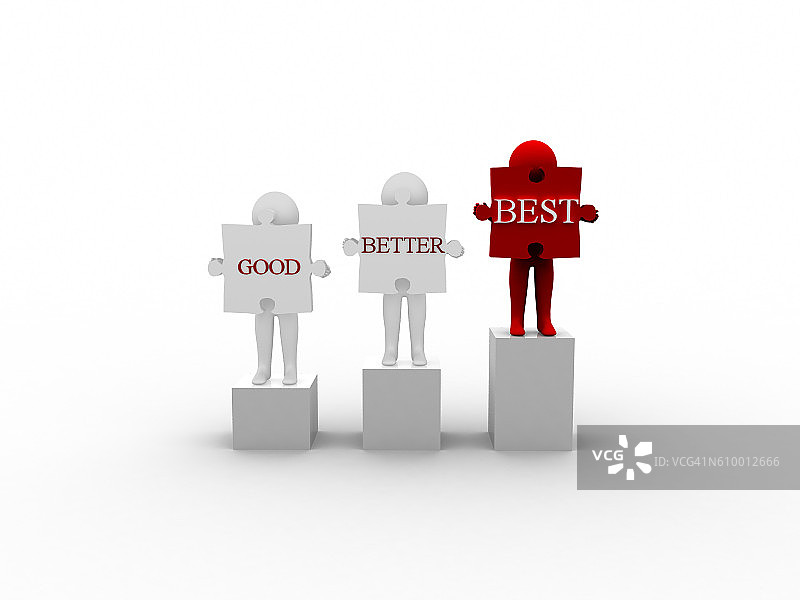 手持拼图的好、更好、最佳词语的3D人渲染图图片素材