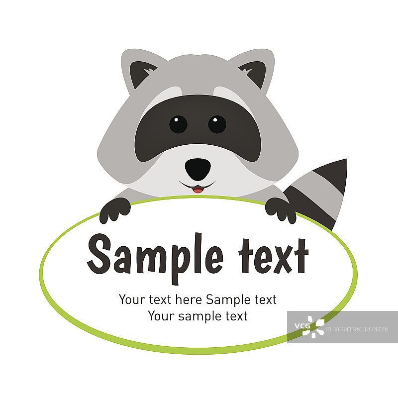 微笑的浣熊举着标牌，白色背景上孤立图片素材