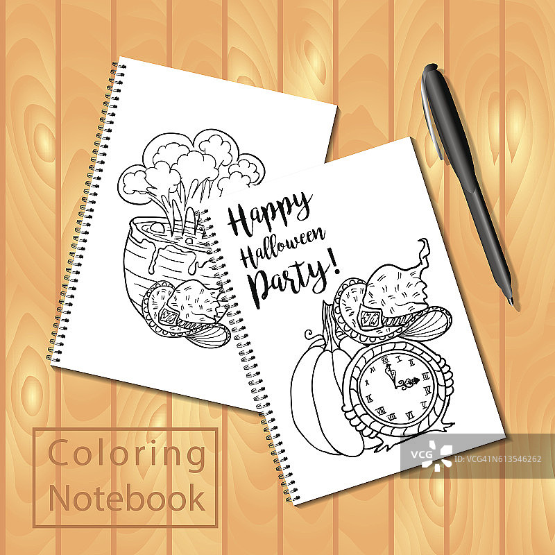 螺旋笔记本或涂色本与万圣节铅笔图片素材