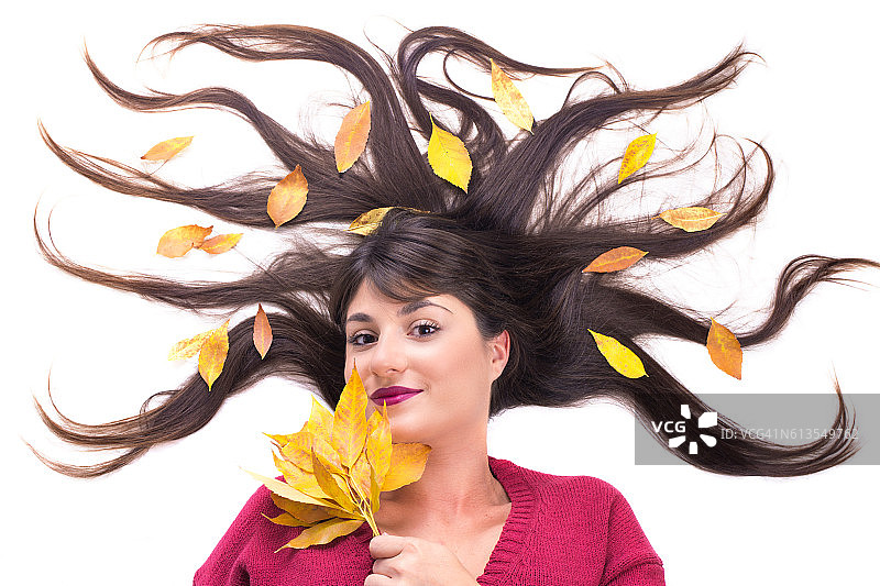 发丝间的片片黄叶图片素材