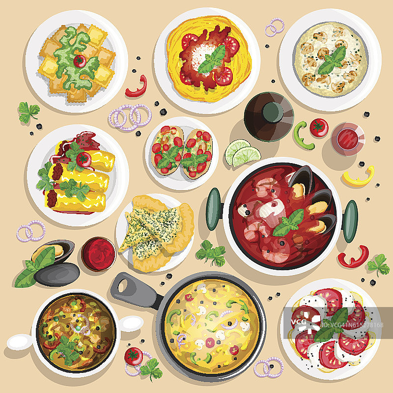 意大利美食顶视图插画合集图片素材