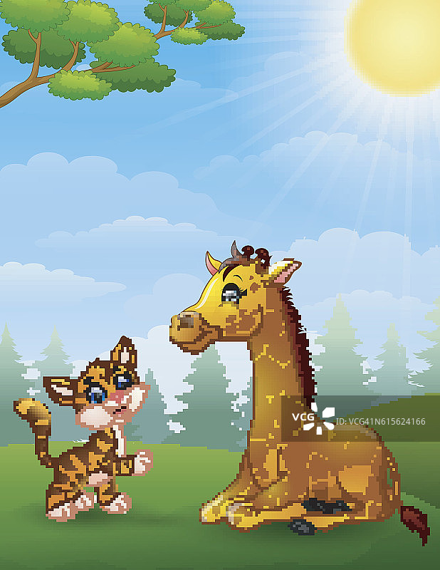 丛林中的老虎和长颈鹿卡通图片素材