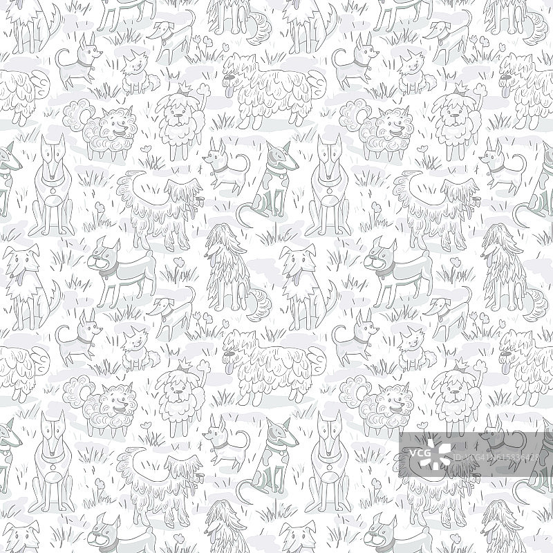 狗狗图案无缝矢量插画：斗牛犬、短尾犬、腊肠犬图片素材