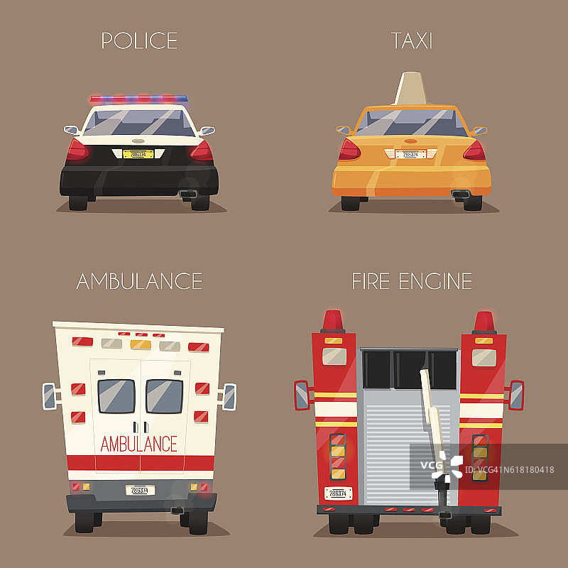 警车、出租车、救护车和消防车矢量卡通插画图片素材