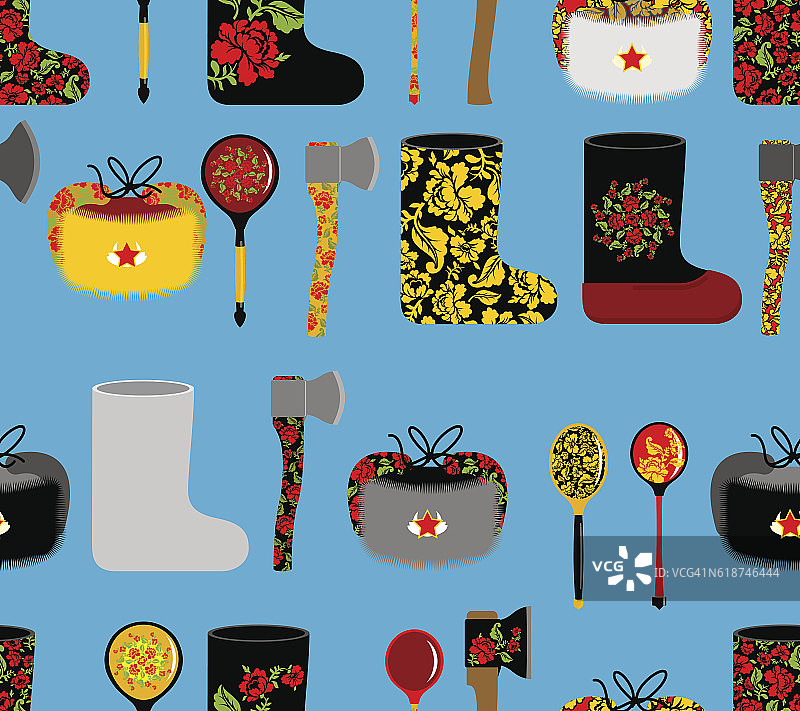 俄罗斯无缝图案。俄罗斯民族物品：靴子和羊毛图片素材