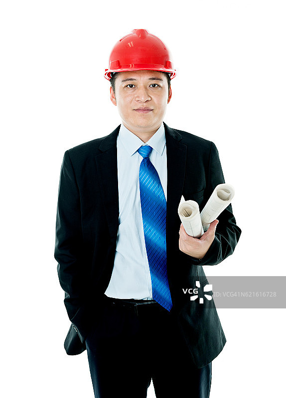 亚洲建筑师拿着蓝图图片素材