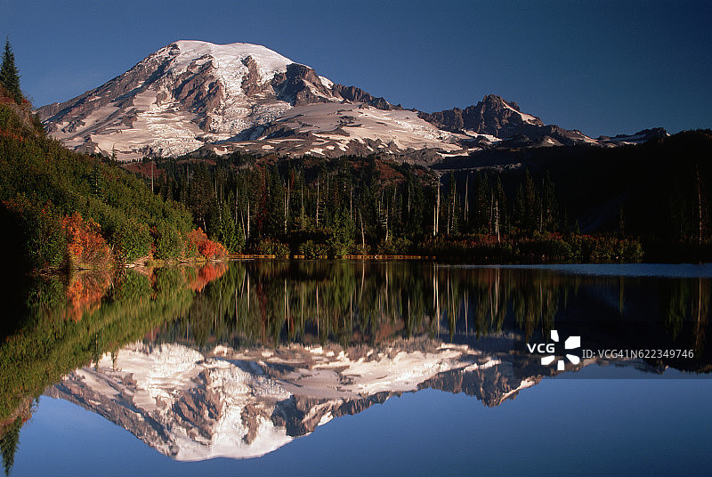 Bench湖中倒映的雷尼尔山图片素材
