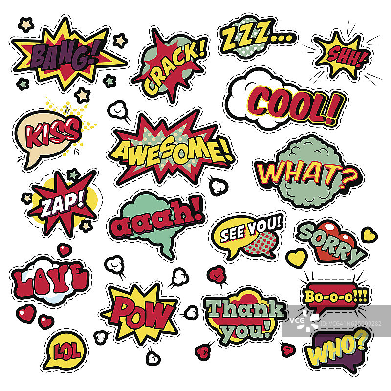 流行艺术漫画语音气泡中的徽章、贴纸图片素材