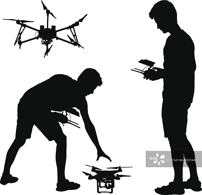 操控无人四轴飞行器的男人黑色剪影矢量图图片素材