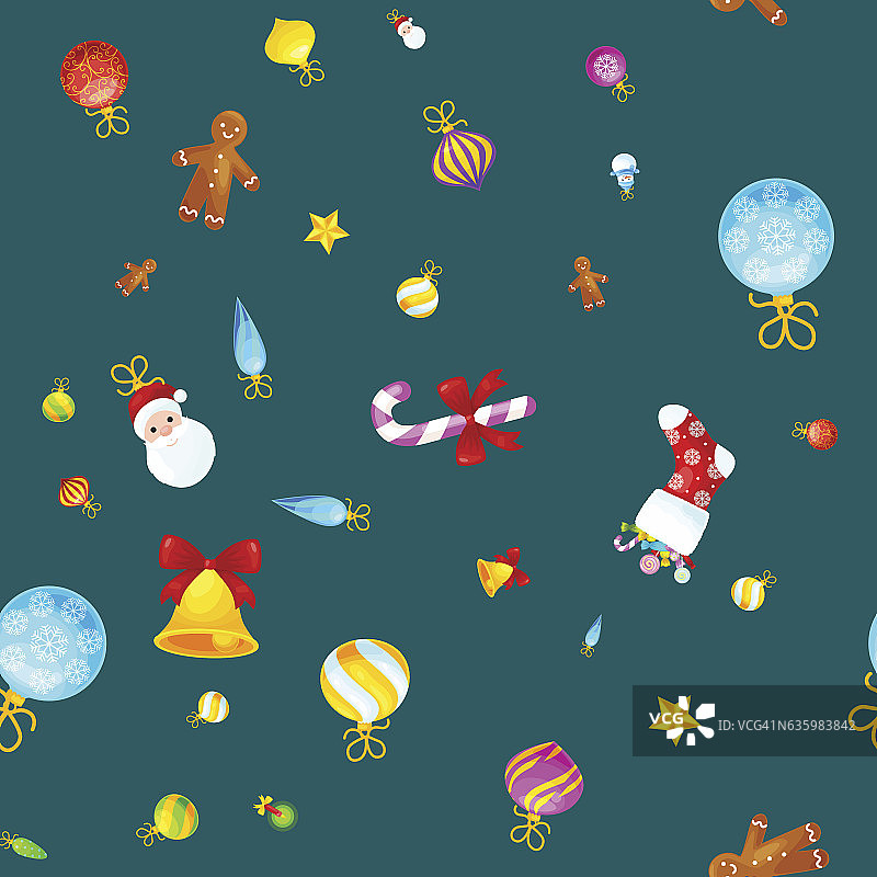 圣诞节无缝图案：姜饼人、铃铛和礼物图片素材