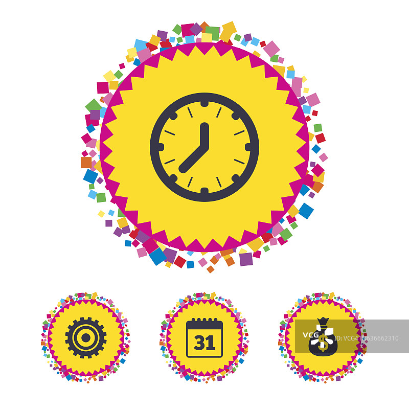 商务标志，日历和美元钱袋图标图片素材