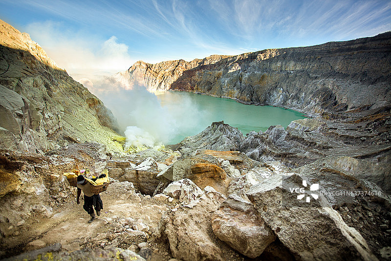 矿工们从伊真火山搬运硫磺图片素材