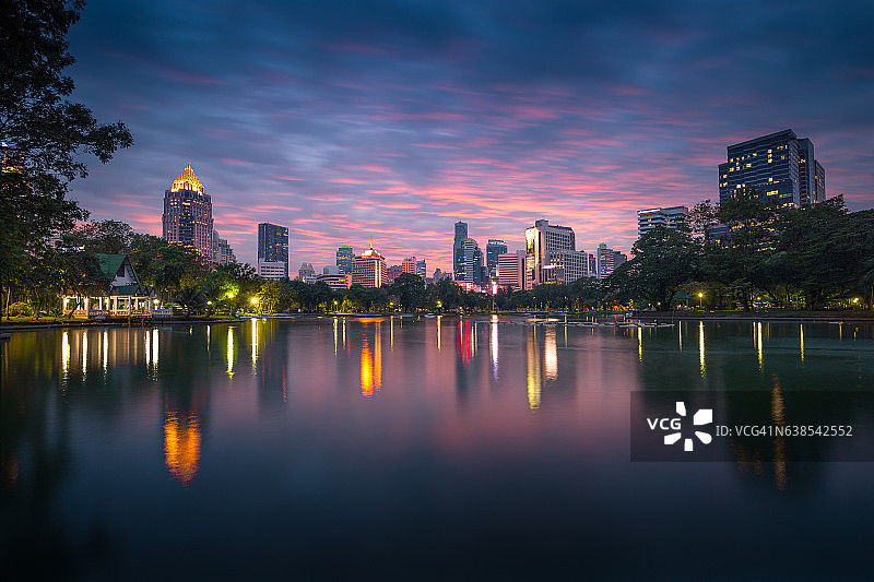 曼谷伦披尼公园湖畔城市天际线景色图片素材