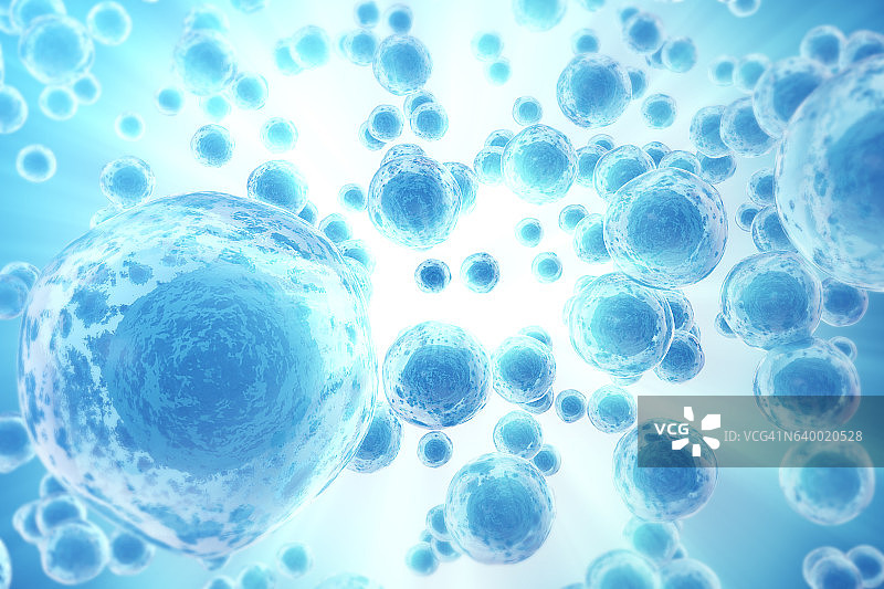 蓝色背景上的人或动物细胞医学科学概念图片素材