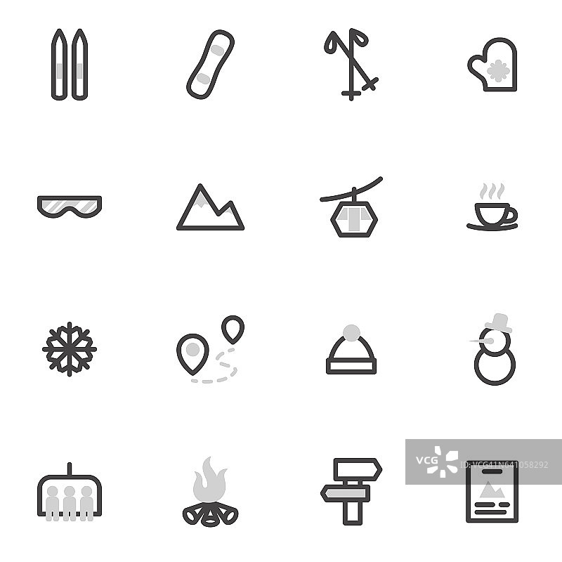 滑雪、单板滑雪、冬季运动、滑雪缆车矢量图标集合图片素材