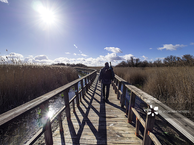 在西班牙塔布拉斯-德-达伊米埃尔湿地泻湖的木桥上散步的男子图片素材