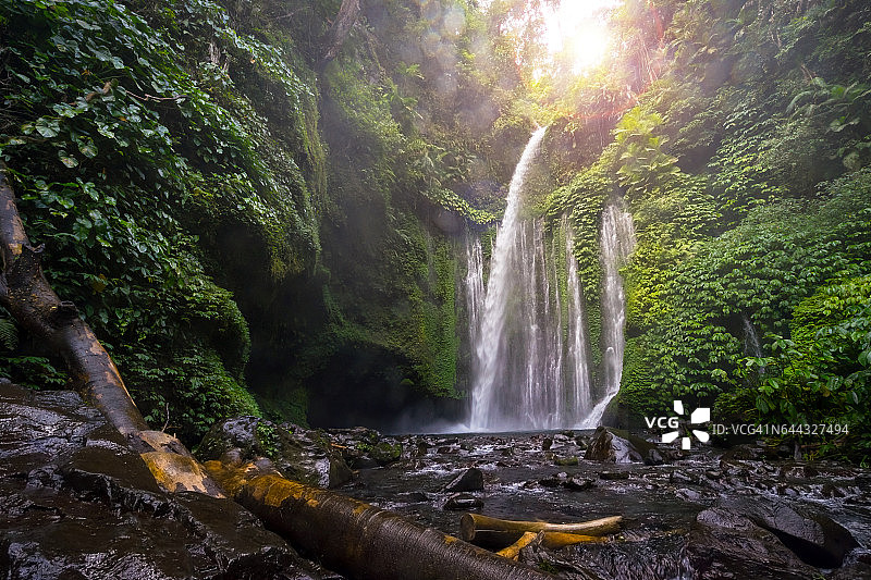 龙目岛 Tiu Kelep 瀑布：分层水流、凉爽空气和绿色景观图片素材