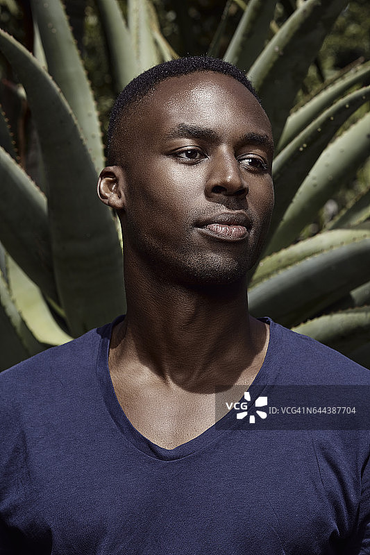 在芦荟植物前穿着蓝色衬衫的年轻男人图片素材