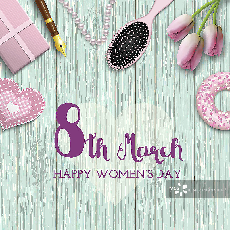 国际妇女节，3月8日，蓝色木质背景文本，插图图片素材