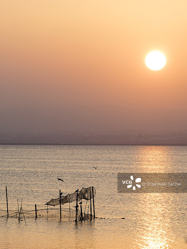 西班牙瓦伦西亚阿尔布费拉湖日落，配有捕鱼用的手工陷阱图片素材