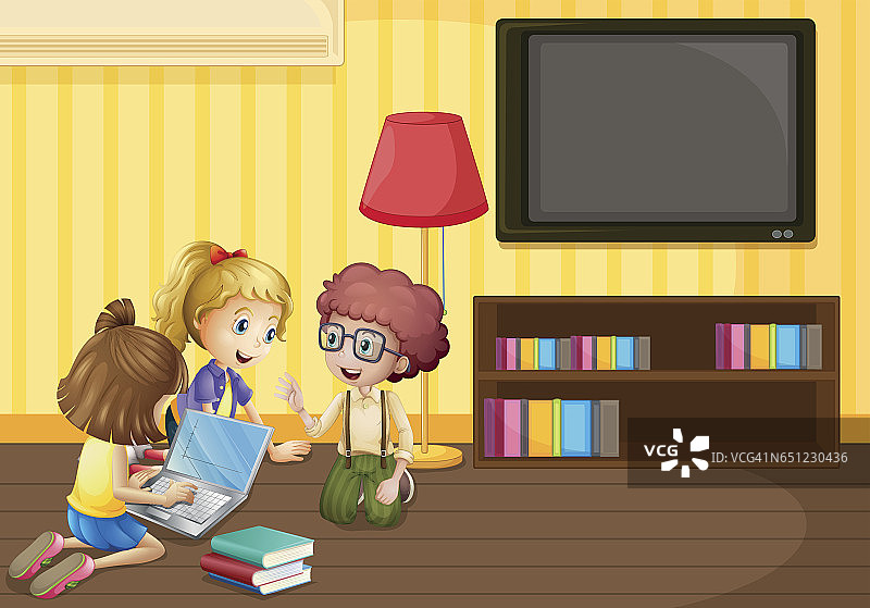 在家使用电脑的三个孩子图片素材