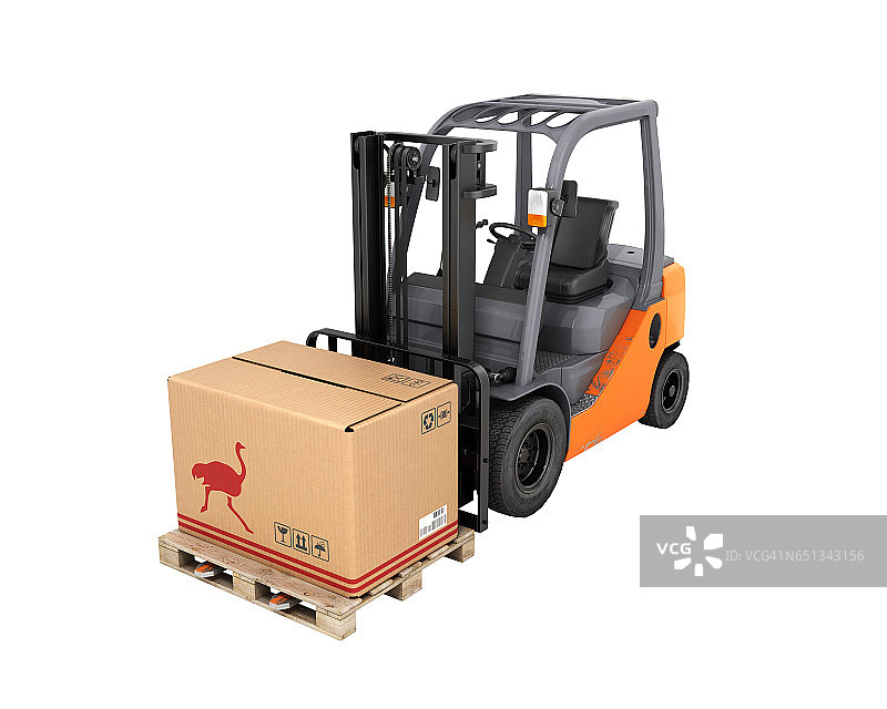 白色背景下，带有托盘箱的3D叉车（无阴影）图片素材