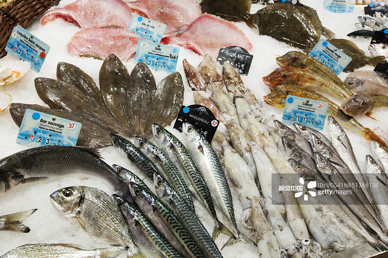 法国纳博讷市场出售的海鱼图片素材