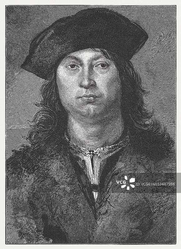 拉斐尔创作（约1502年）的男人肖像，1884年出版图片素材