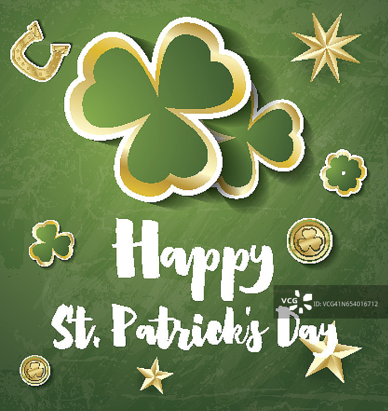 圣帕特里克节背景，含三叶草、金星和金币图片素材