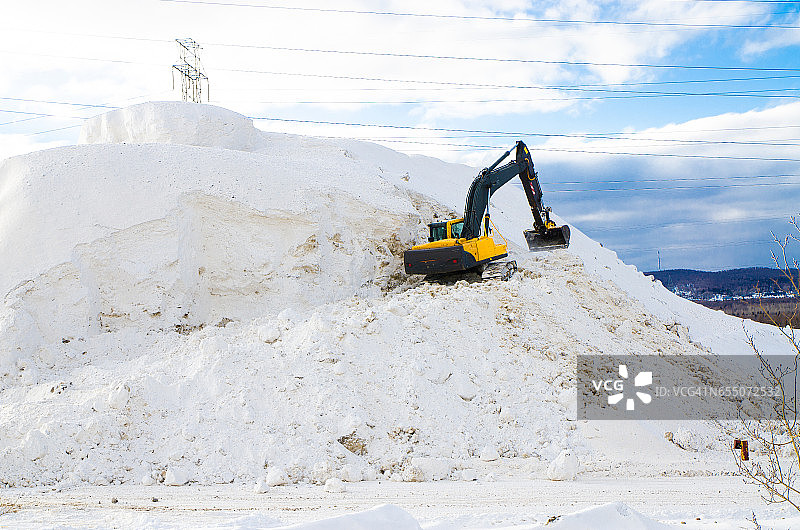 在巨大雪堆上工作的机械铲车（挖掘机）图片素材