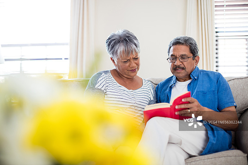 老年夫妇在客厅里读小说图片素材