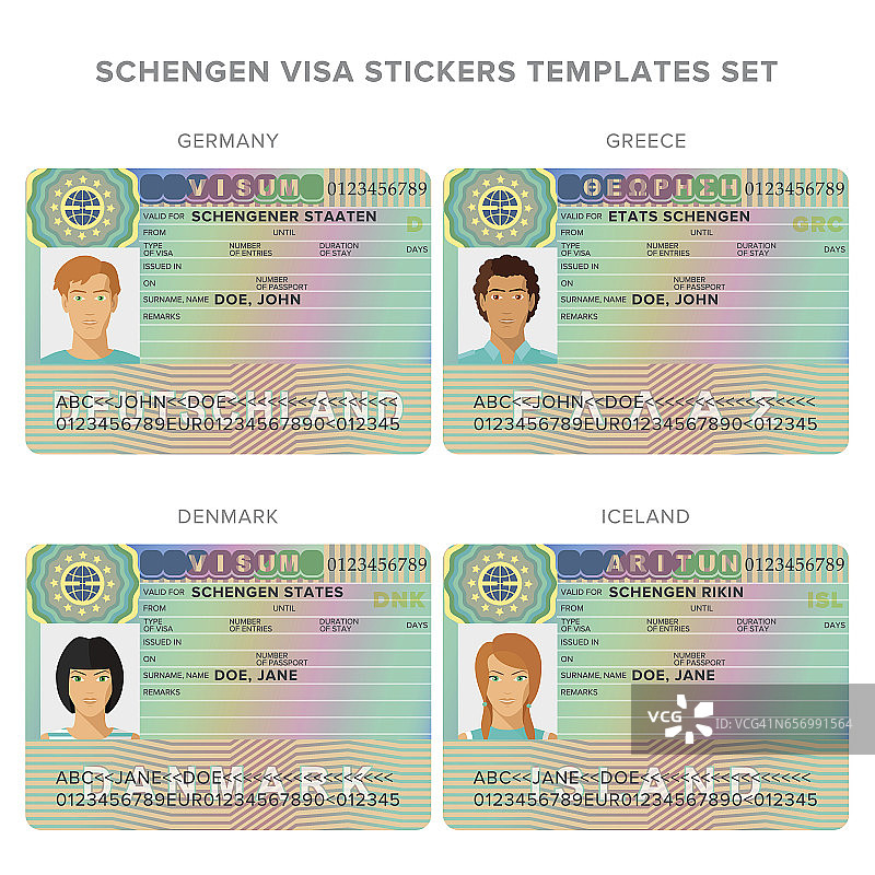 德国、希腊、丹麦和冰岛申根签证护照贴纸模板图片素材