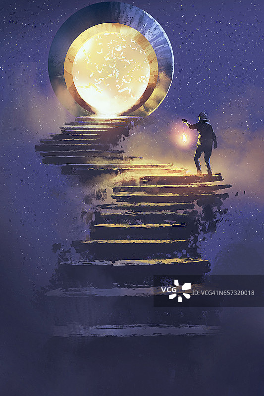 提灯男子走向奇幻之门插画图片素材
