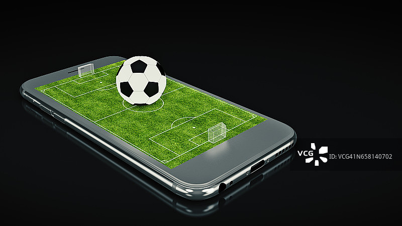 移动足球。智能手机屏幕上的足球场和球。在线票务销售概念。图片素材