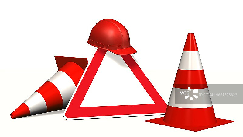 白色背景上孤立的施工现场危险标志、路标和安全帽图片素材
