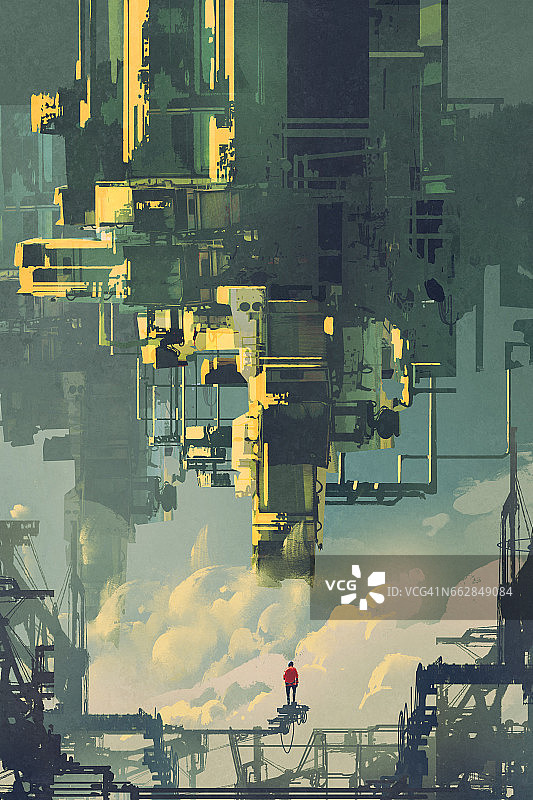 漂浮在天空中的未来建筑科幻概念图片素材