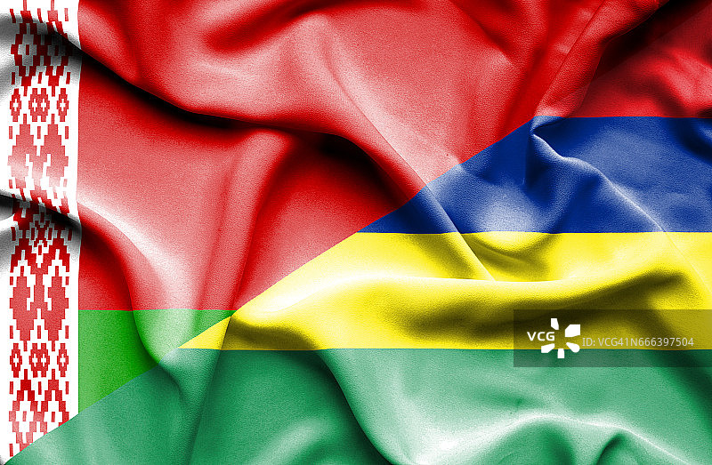 毛里求斯和白俄罗斯的飘扬旗帜图片素材