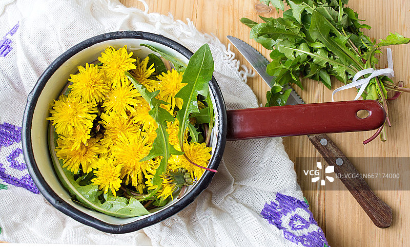 复古碗里的黄色蒲公英花图片素材