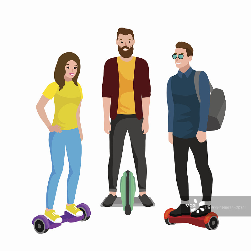 电动滑板车趣味活动：家庭体验新型平衡车矢量插画，男女儿童街道骑行图片素材