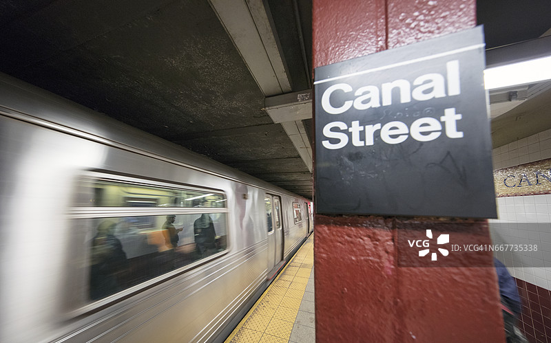 运河街地铁标志和行驶中的列车图片素材