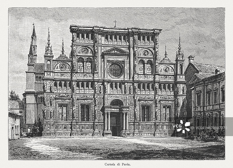 帕维亚切尔托萨修道院，意大利，建于1400-1549年，出版于1884年图片素材