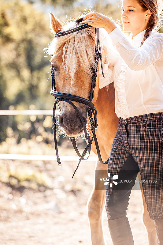 年轻女子给她的马戴上笼头图片素材