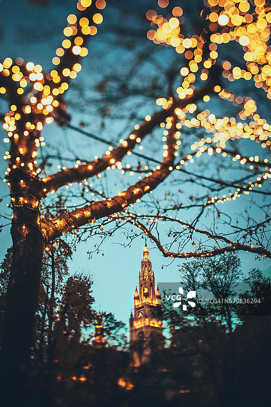 灯光浪漫的维也纳市政厅图片素材