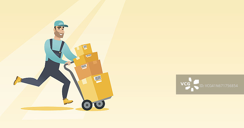 邮递员用手推车运送纸箱图片素材